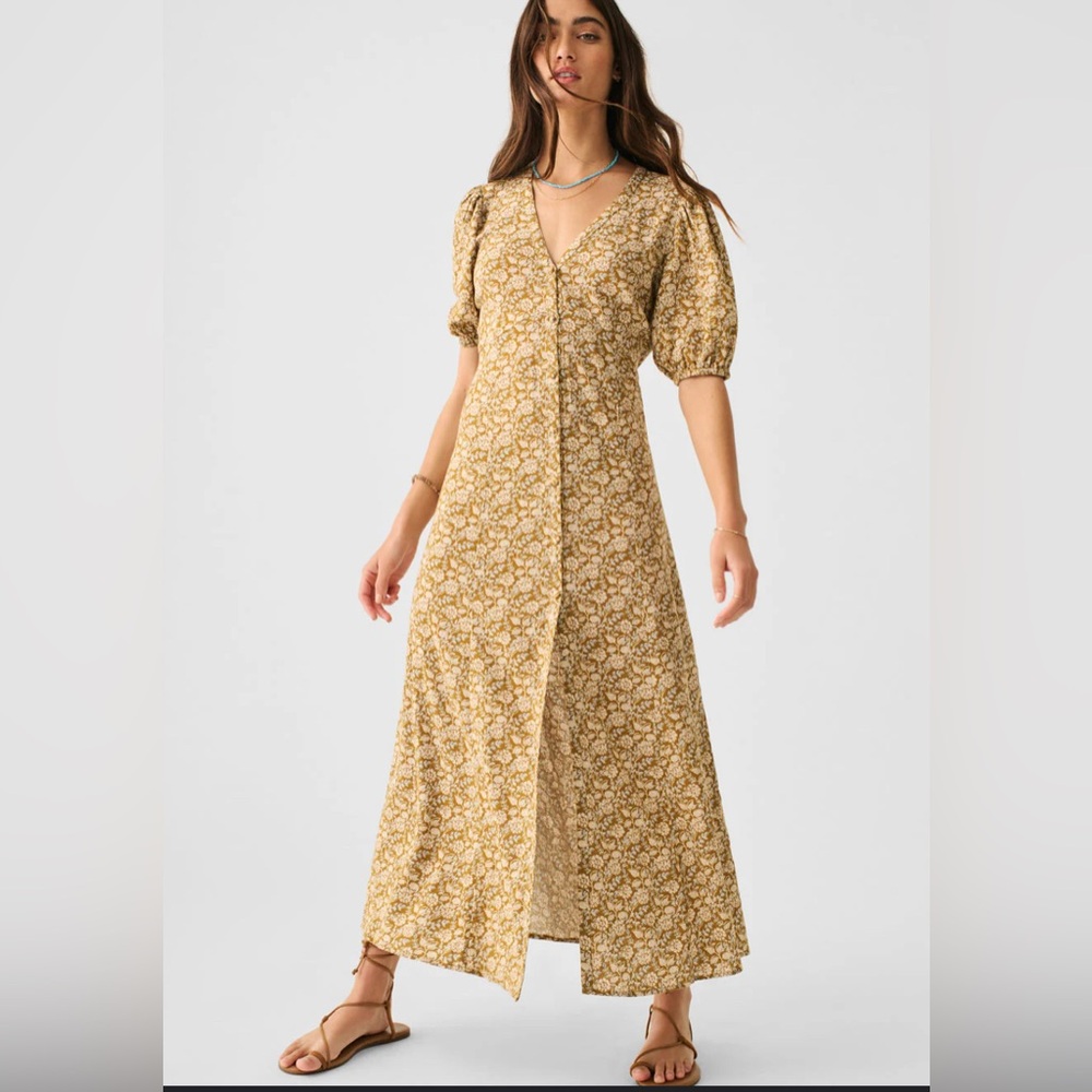 Women’s Floral V-Neck Puff Sleeve Maxi Dress - Yellow